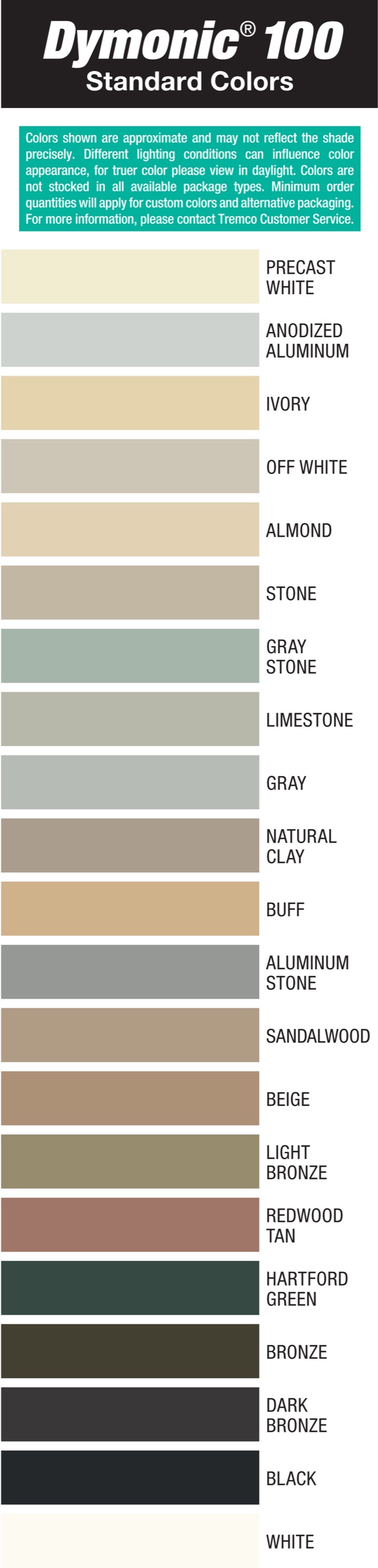 Dymonic 100 colour chart