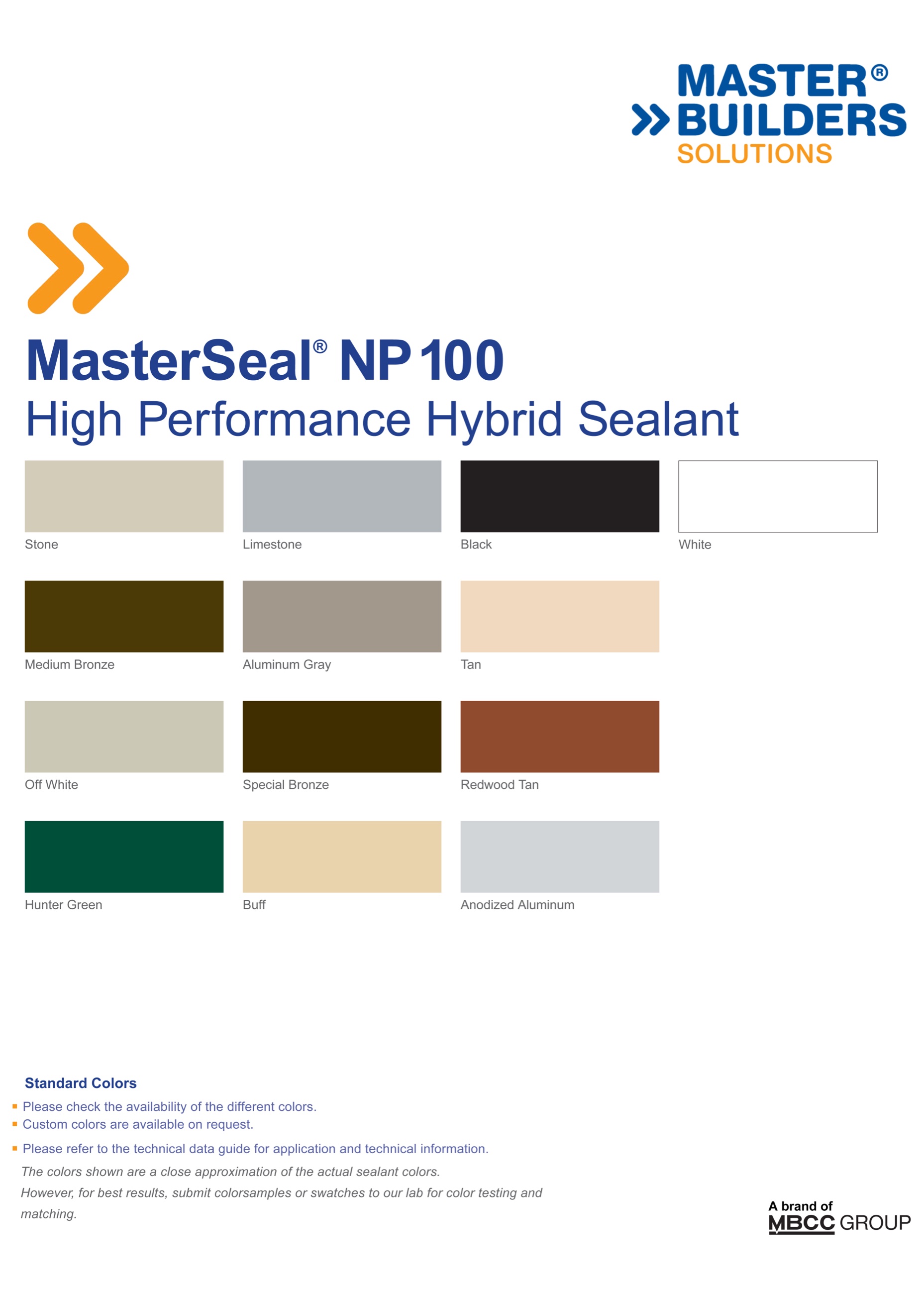 MasterBuilders NP 100 colour chart