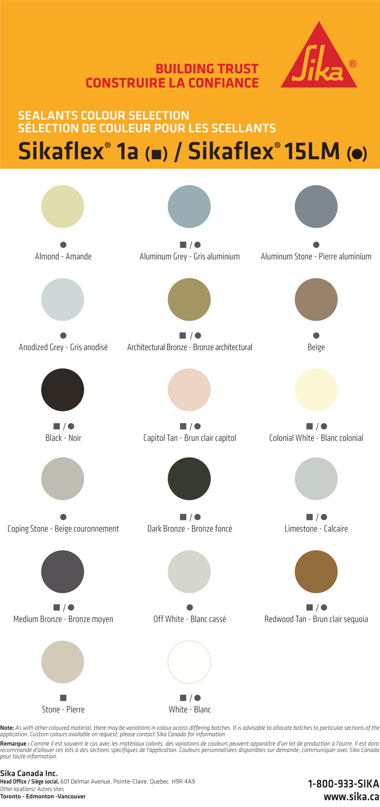 Sikaflex 1a & 15LM colour chart
