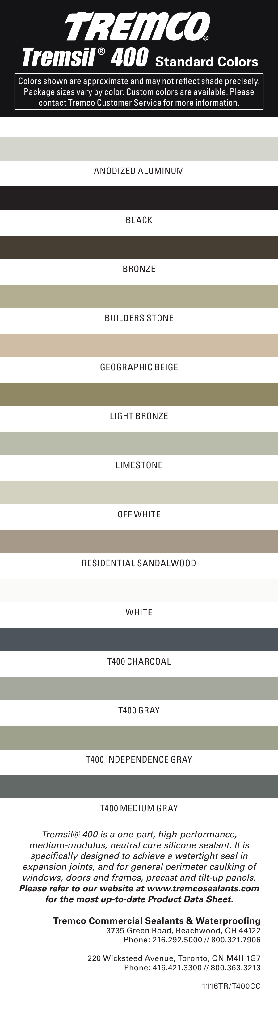 Tremsil 400 colour chart
