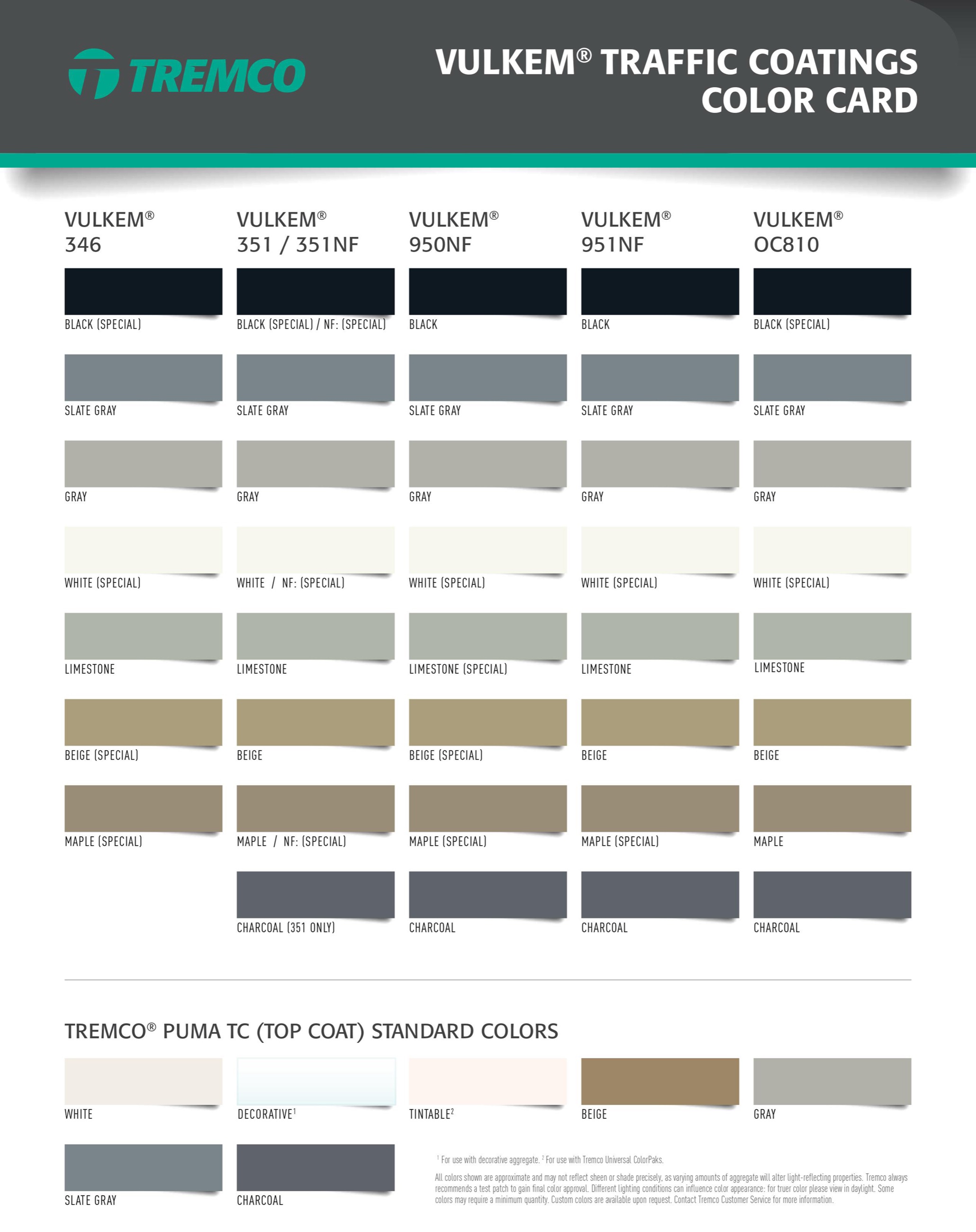 Vulkem Coatings colour chart